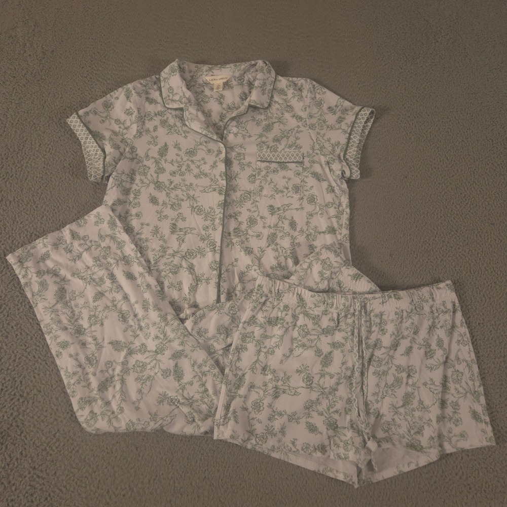 Laura Ashley Pajama Set Womens XL Multi Floral Toile Cotton Shorts Wide Leg Pant